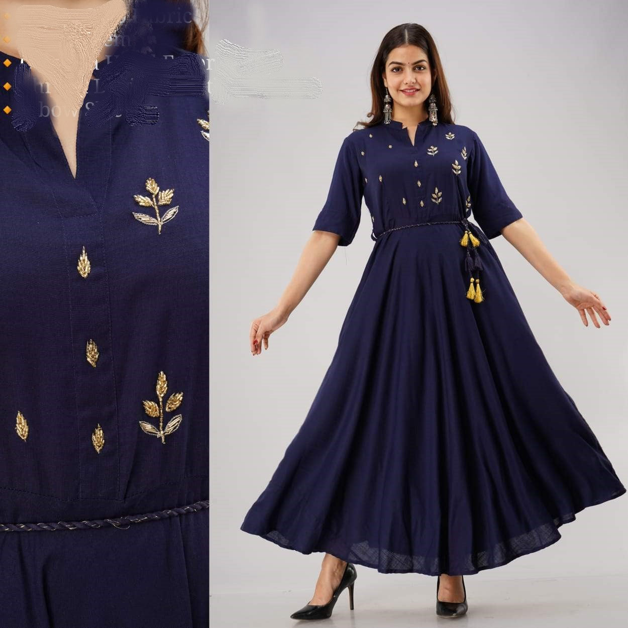 Long Gown kurti in Rayon with hand embroidery, dori belt with tassel elbow sleeve in 3 colors - SVB Ventures